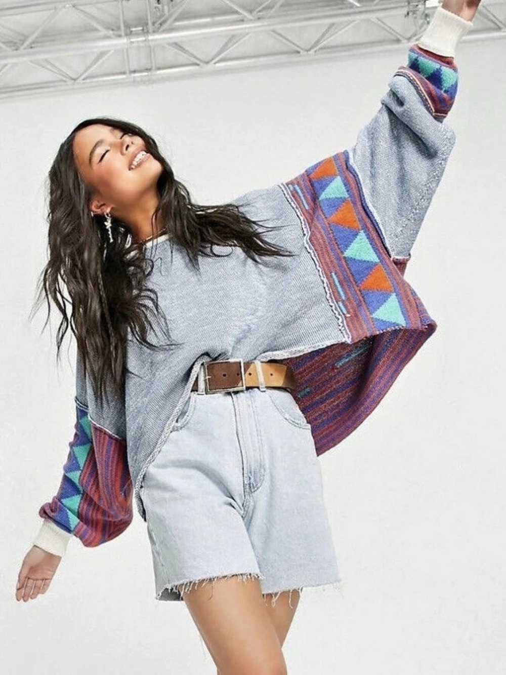 Free People Love Triangle Crop Sweater Blue Combo Slouchy L NWOT